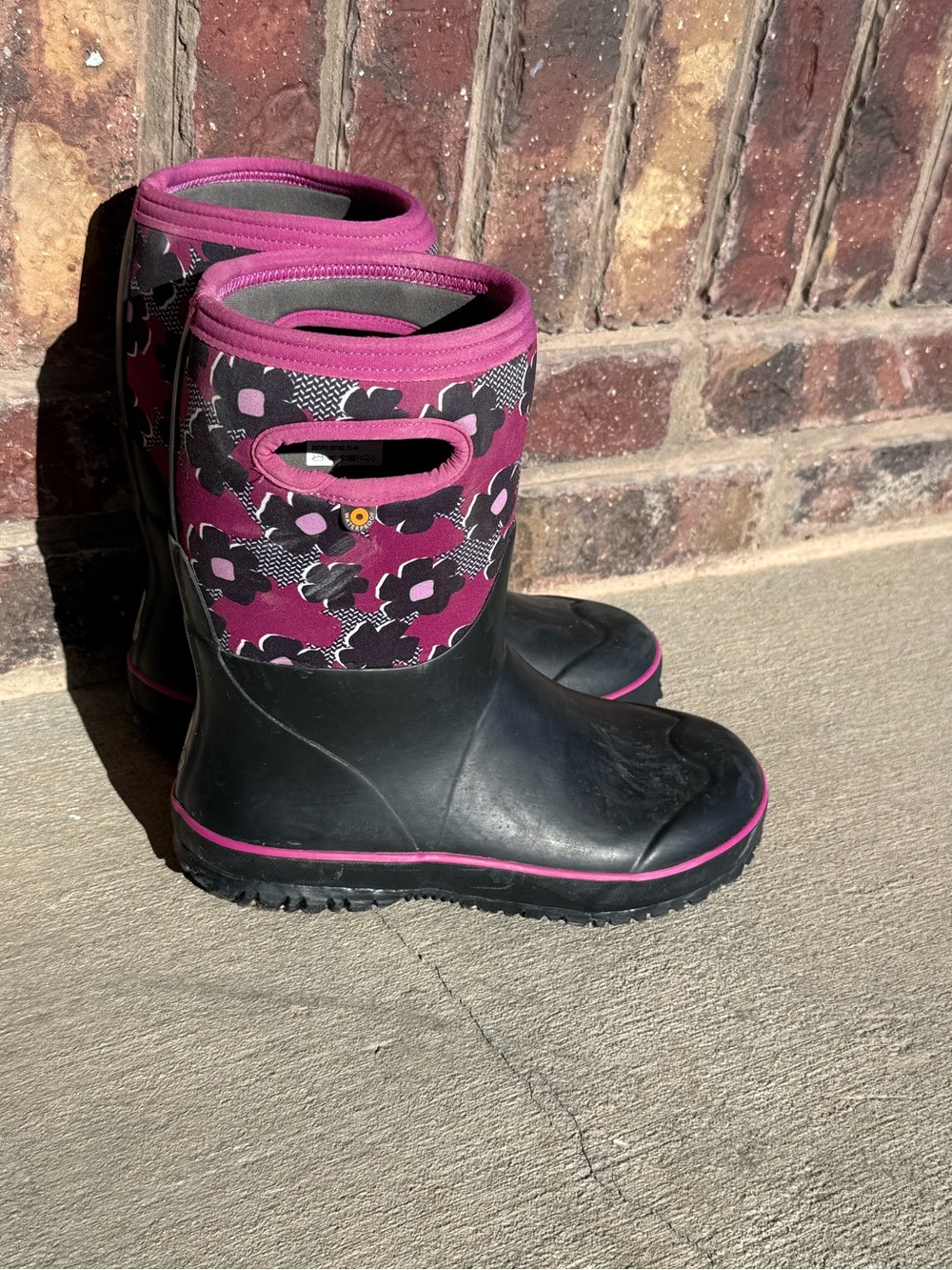 Bogs Kids Black Rain Boots with Magenta Floral Top